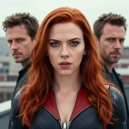 peter mohrbacher, phil noto, artgerm, pretty scarlett johansson black widow, symmetrical eyes, long red hair, city rooftop