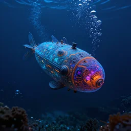 bioluminescent underwater life fighting, blue, orange, purple, cyberpunk submersible, deep ocean, bottom of the sea, dark, extreme depths, organic, mariana trench, midnight zone, bubbles, hyper realistic, hyper detailed, digital art, trending in artstation, studio quality, photorealistic, photo, by jesper ejsing, wlop, paul lehr