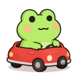 a cute round frog sitting in a tiny red car, digital art