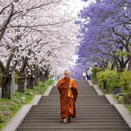 A monk walks up stairs lined with cherry blossom trees and jacaranda trees