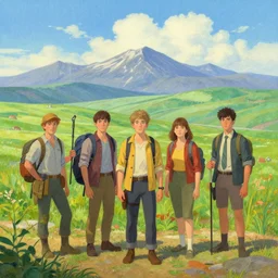 a beautiful scenic painting of a group of adventurers by artgerm and wlop and wes anderson and spike jonze