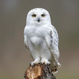 High quality photograph of a white owl sitting on a cutted tree trunk UHD 8K