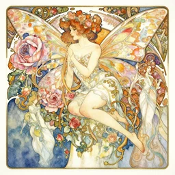 a beautiful insanely intricate watercolor painting of a beatutyful fairy with rosebuds, reflexions, colorfull, by william turner art, by greg rutkowski, by alphonse mucha, by james jean, by rossdraws, by frank franzzeta, by sakimichan, trending on artstation, insanely detailed, masterpiece,