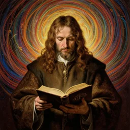 centered painted portrait, scholar reading the bible, lord of the rings, tolkien, matte painting concept art, baroque, beautifully backlit, swirly vibrant color lines, fantastically gaudy, aesthetic octane render, 8 k hd resolution, by caravaggio and diego velazquez