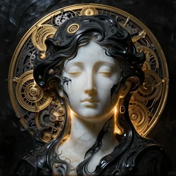 chinese abstract sculpture of beautiful female face silhouette and black swirling liquifying acrylic portrait, volumetric light, highly detailed, mechanical superstructure, sacred geometry, glowing edges, sad, hurt, beautiful light, statue of carving marble, dark colors, dark mood, cinematic light, golden spirals, clockwork, art by camille corot, andy warhol, zeng fanzhi
