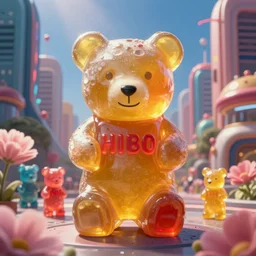 portrait of haribo bear in future city, color and shape focus, central composition, natural light, bloom, puff, by simon stalenhag and