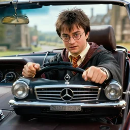 harry potter driving a mercedes benz, hyperrealistic, 8 k, detailed