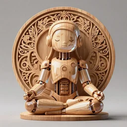 cute art toys wooden ultra clear sculpture of beautiful robot meditation position cybernetics, low contrast,, hyper realistic detailed render, hypermaximalist, ornate, epic composition, 4 k 8 k, cryengine octane blender, sharp focus, concept art, masterpiece of art by alphonse mucha
