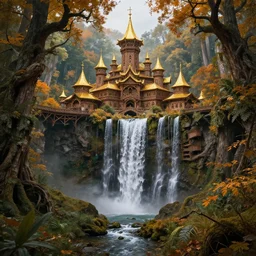 wooden elven City   with golden roofs, on top of a WATERFALL in the fall, gnarly trees, lush vegetation, forrest,  a small stream runs beneath the waterfall, landscape, raphael lacoste, eddie mendoza, alex ross, john howe, concept art, matte painting, highly detailed, rule of thirds, dynamic lighting, cinematic, detailed, denoised, centerd