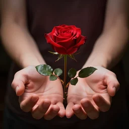 a red rose with thorns and leaves growing seemingly from my open hands, wide angle, photoreal, volumetric light, skin blending plant, dramatic, amazing, stunning, by greg rutkowski