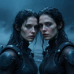 cinestill 5 0 d candid photographic portrait by helen levitt of two loving female androids wearing rugged black mesh techwear in treacherous waters, extreme closeup, modern cyberpunk moody emotional cinematic night blue, dust storm, 8 k, hd, high resolution, 3 5 mm, f / 3 2, ultra realistic faces, ex machina