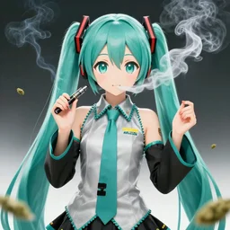 hatsune miku getting high by smoking weed with a vape pen, smoke everywhere
