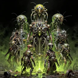 oils of 4 character, tiered grimy flayed throned insect god machines, cluster tiered heirarchy, battle chaos, mainframe hydrocracking battles, medical chromed, oppressive dystopian, by wayne d barlowe, francesco blanc, jack gaughan, simon bisley, geof darrow, alex nino, enric torres, hyper realism, narrative light, neon lime colors,