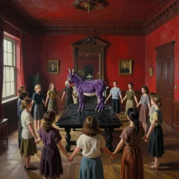 realistic painting of a red dark big antique room with people standing in a circle, holding hands, around a black wooden table with a purple donkey standing over it. wide angle lens deformed perspective