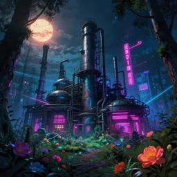 industrial architecture by albrecht durer, uv light synthwave bladerunner 2 0 4 9 flowers nature dramatic lighting at night forest nightsky neon signs landscape fisheye lightpaint neon noir morning sun darkacademia anime magic realism laser studio ghibli tokyo cyberpunk reclaimed by nature alien, archdaily, wallpaper, highly detailed, trending on artstation.