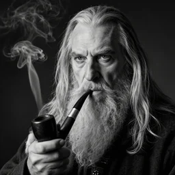 a closeup black and white studio photographic portrait of gandalf smoking a long pipe, dramatic lighting