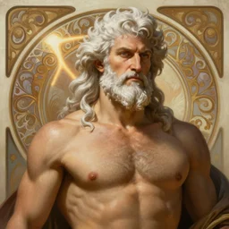 painted portrait of rugged zeus, god of thunder, greek god, white hair, masculine, mature, handsome, upper body, warm, virile, muscular, hairy torso, fantasy, intricate, elegant, highly detailed, digital painting, artstation, concept art, smooth, sharp focus, illustration, art by gaston bussiere and alphonse mucha