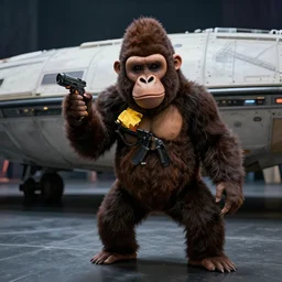 a woman in a gorilla costume robbing a spaceship