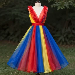 A beautiful dress colored red, blue, yellow