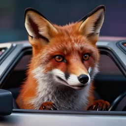 a man dressed as a fox, detailed face, in a delorean from the movie back to the future