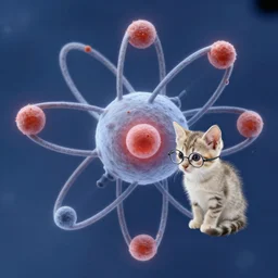 very tiny kitten with glasses, next to an atom, electron microscopy photography