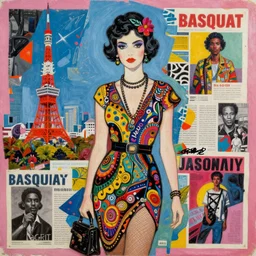acrylic painting of a woman in 2 0's fashion in tokyo, mixed media collage by basquiat and jackson pollock, maximalist magazine collage art, retro psychedelic illustration