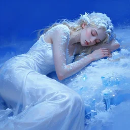 character concept portrait, sleeping blonde woman in a white gown, closed eyes, covered in snow, frost, and ice, style digital painting, vivid blue cold pallete, concept art, smooth, sharp focus, blue light, illustration by ruan jia and mandy jurgens and william - adolphe bouguereau, artgerm