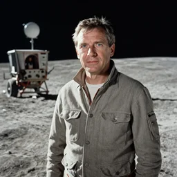 a 1960s portrait photo of Stanley Kubrick on a movie set of the moon surface, 8K HD, old photo, highly detailed