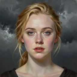 professional painting of Elle Fanning in the style of Myles Birket Foster, head and shoulders portrait, symmetrical facial features, smooth, sharp focus, illustration, intricate, stormy weather, extremely detailed masterpiece,