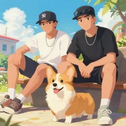 beautiful anime painting of hiphop solarpunk summertime chill with corgi, by, craig mullins, craig davison. trending on artstation, 8 k, masterpiece, graffiti paint, fine detail, full of color, intricate detail, golden ratio illustration