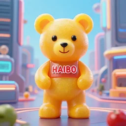 portrait of haribo bear in future city, color and shape focus, central com