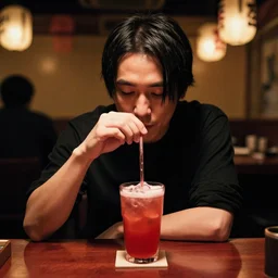 aphex twin in an izakaya. he is drinking a red drink.