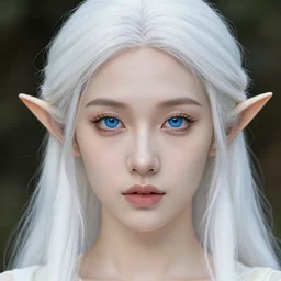 a photorealistic portrait of a beautiful elf, professionally retouched, soft lighting, hyper realistic, hyper detailed blue eyes, beautiful white detailed hair, wide angle, sharp focus, 8 k high definition, 6 4 megapixels, insanely detailed, stunningly beautiful