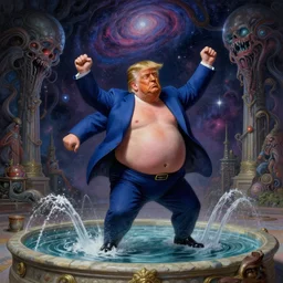 very fat donald trump dancing in a fountain, cosmic horror painting, elegant intricate digital painting artstation concept art by mark brooks and brad kunkle detailed