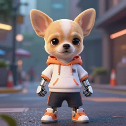 a robotic super hero honey colored chihuahua puppy Showing off her streetwear , artstation, greg rutkowski, cinematic , digital Art