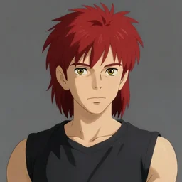young portrait, mullet, black sleeveless shirt, thin lips, red hair, yellow eyes, art by studio ghibli and greg rutkowski and artgerm and ilya kuvshinov, portrait, d & d, fantasy, highly detailed, digital painting, headshot, trending on artstation, concept art, sharp focus, illustration