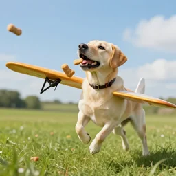 dog english lab flying an airplane while high on doggy treats