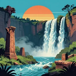 ancient ruins and waterfalls, retrowave epic art, trending on art station