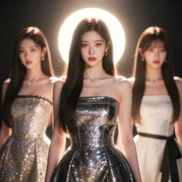 beautiful fashion korean girl group, strapless dress, character portrait in the style of thomas river and artgerm, wlop, cinematic lighting, hyperdetailed, 8 k realistic, symmetrical, global illumination, radiant light, halo, love and mercy, frostbite 3 engine, cryengine, dof, trending on artstation, digital art, chanel