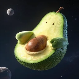 an armchair in the shape of an avocado, flying in space