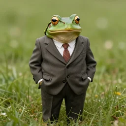 An old photo of a sophisticated frog in a nice suit, he is totally lost in a field, hands in pockets