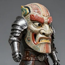 fantasy art ultra 4 k colorful photo of a bizarre viking maori warrior knight metal armor mask made of ceramic carved by h. r. giger