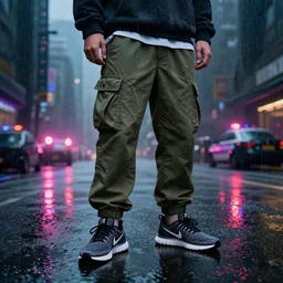 A man wearing Reindeelusion Steven Cargo pants and Nike Tech fleece Shirt and Nike Acronym presto sneakers, Police sirens shining in far background, high quality, digital art, dirty cyberpunk city, rain, greg rutkowski