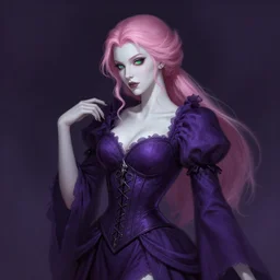 hd portrait of beautiful necromancer, gloomy purple dress, corset, face details, pink hair, ponytail, white skin, green eyes, posing, high fantasy, intricate, elegant, highly detailed, digital painting, artstation, concept art, smooth, sharp focus, illustration, by afshar petros, krenz cushart, artem demura