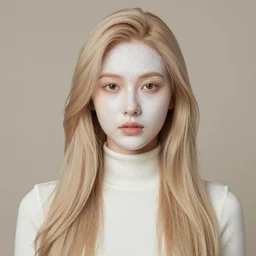 girl with [ long beige hair, white skin, wearing a turtle neck ], 4 k photorealism, full face view, trending on unsplash