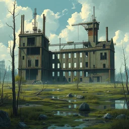 a beautiful detailed illustration of urbex industrial architecture building unfinished building swamp by frederick mccubbin, extraterrestial apocalyptic anime, archdaily, wallpaper, highly detailed, trending on artstation.