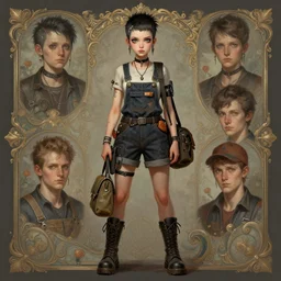 a portrait of a beautiful androgynous punk girl with short hair and beautiful eyes, beautiful face, wearing tall combat boots, who is a mechanic wearing overalls carrying a bag, digital concept art, detailed digital painting, ornate decorative background, by j. c. leyendecker and edward blair leighton and charlie bowater, trending on artstation