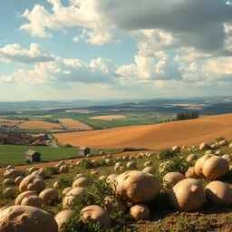 potatoes countryside, panorama, style guido borelli, artstation, cinematografic, vivid pastel colors