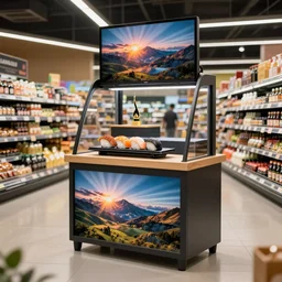 A small stand selling sushi stands in a large supermarket that sells groceries, cinematic lighting, commercial photography