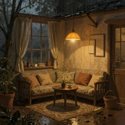 cozy warm place in the rain, evening, warm lighting, realistic, intricate, detailed, concept art, classical painting, soft light, trending on art station. n-4 h-708
